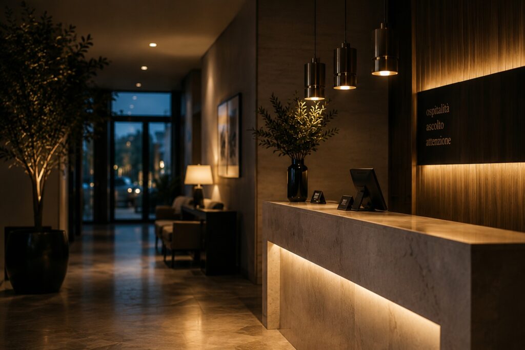 Perché molte attività sbagliano il tono delle risposte alle recensioni: Reception di hotel elegante con illuminazione calda e atmosfera accogliente serale