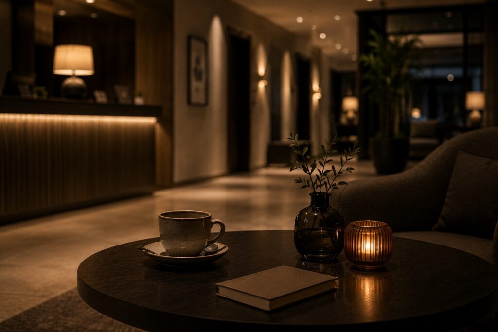 silenzio online: Tavolino in lounge d’hotel con tazza e luce soffusa in un ambiente tranquillo