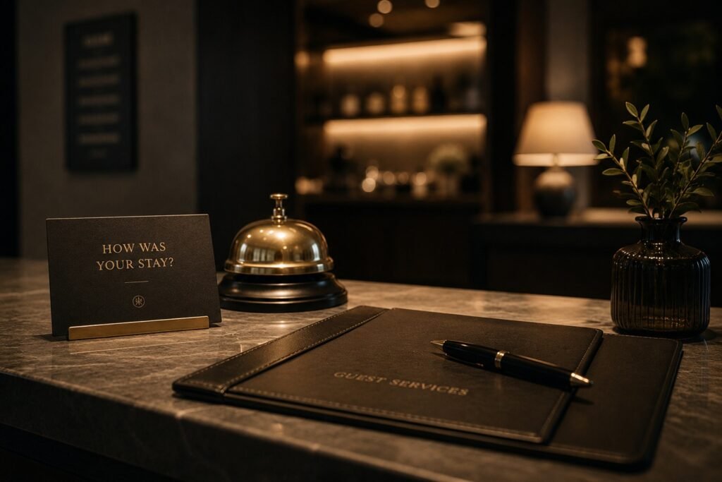 risposte alle recensioni: Dettaglio di una reception elegante con campanello, cartellina e messaggio “How was your stay?”, simbolo di una comunicazione professionale ma distante nel settore turistico.