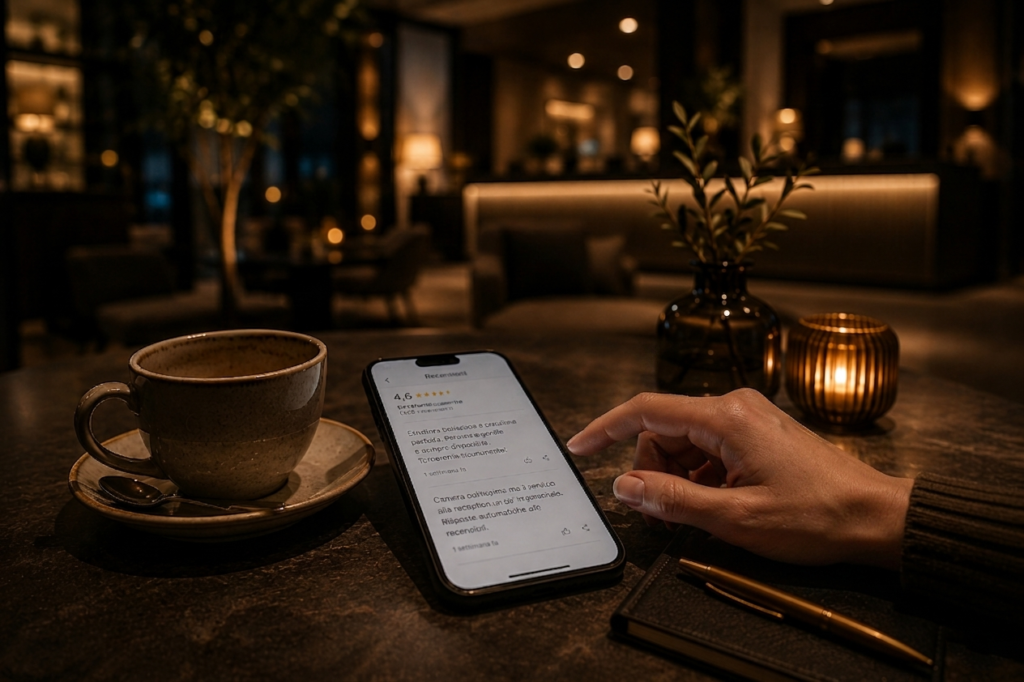 risposte alle recensioni: Viaggiatore seduto nella lounge di un hotel mentre legge recensioni online da smartphone in un ambiente caldo e accogliente.