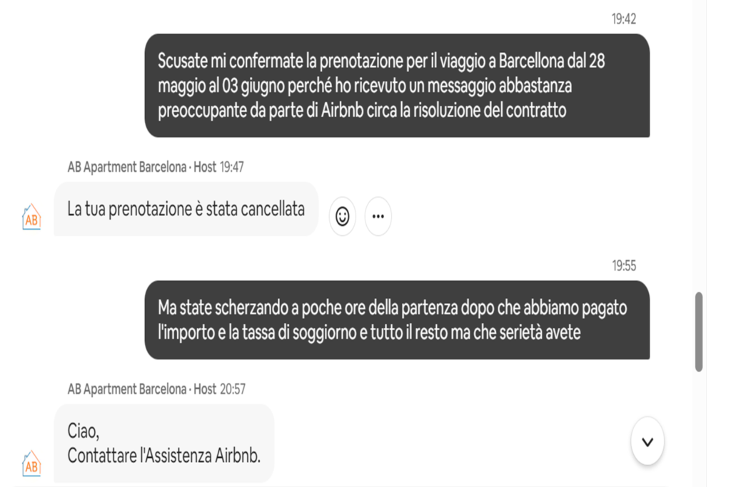 comunicazione di crisi: Screenshot della comunicazione con cui viene notificata la cancellazione di una prenotazione Airbnb meno di 24 ore prima della partenza.