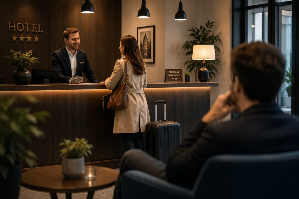 chi legge le recensioni: Un ospite dialoga con il receptionist mentre un altro cliente osserva la scena dalla hall dell'hotel.
