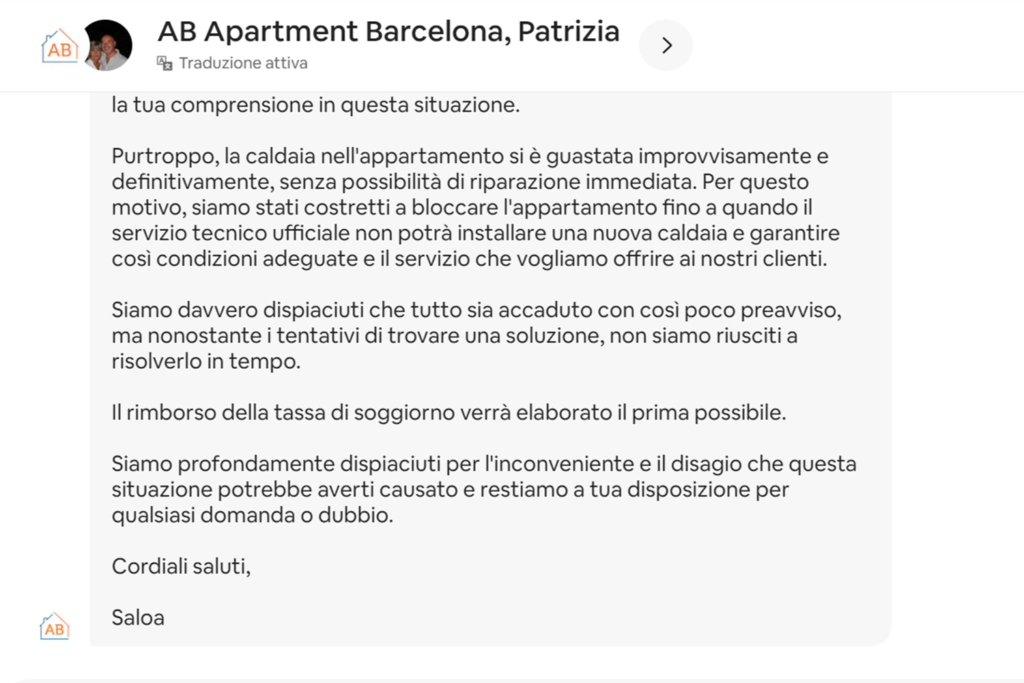 Comunicazione di crisi: Screenshot della comunicazione con cui viene notificata la cancellazione di una prenotazione Airbnb meno di 24 ore prima della partenza.